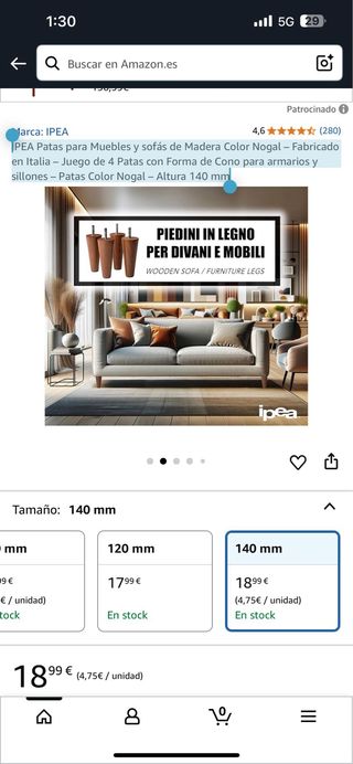 IPEA Patas Madera Nogal Cono Muebles Sofás