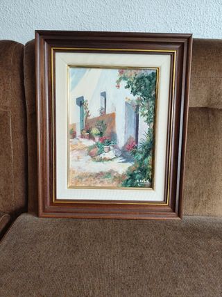 Cuadro al óleo casa con flores