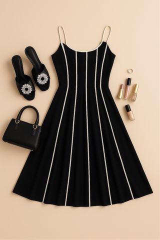 Vestido beige con detalles negros
