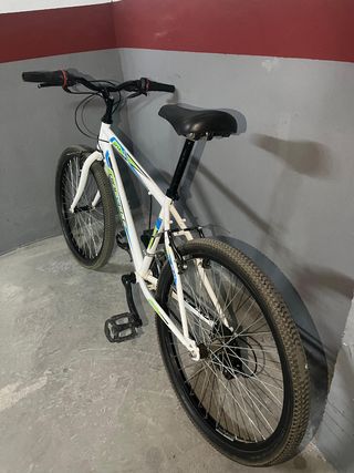 Bicicleta de montaña blanca y azul.
