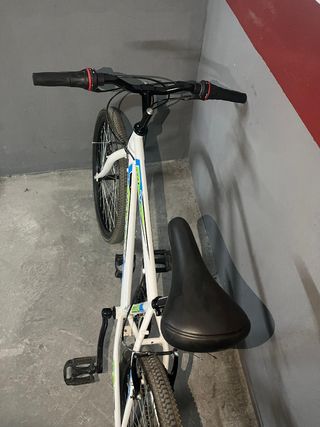 Bicicleta de montaña blanca y azul.