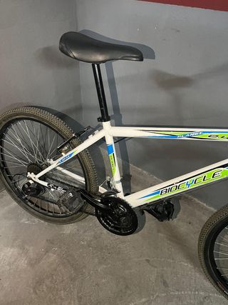 Bicicleta de montaña blanca y azul.