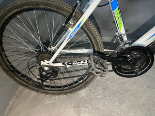 Bicicleta de montaña blanca y azul.