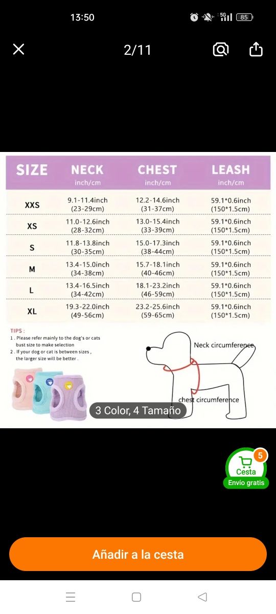 Arnés abrigo con correa a juego TALLA M.