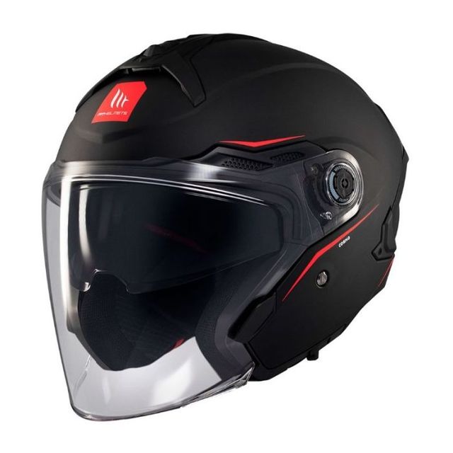 Casco Jet Negro con Visera Negra y Detalles Rojos