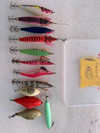 8 señuelos para calamar y 4 plomos 