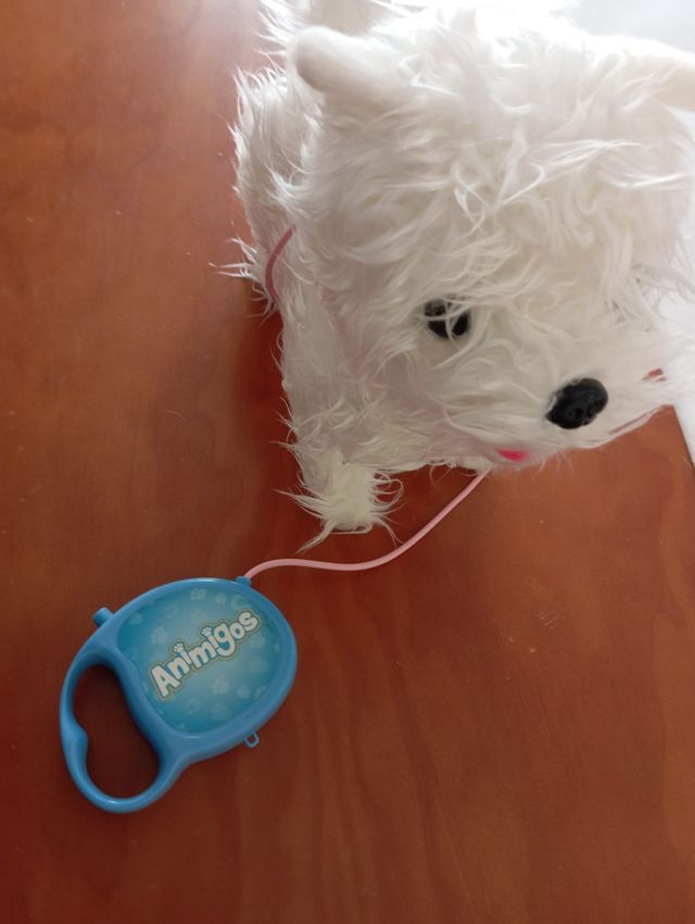 Perrito de peluche blanco con correa