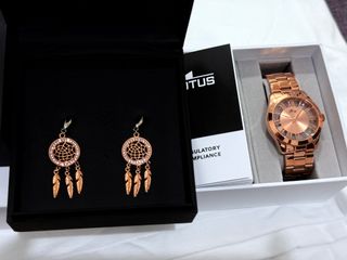 Lotus Reloj Oro Rosa y Pendientes
