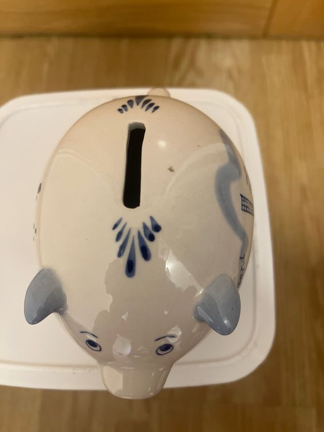 Hucha Cerdito Cerámica Azul y Blanco