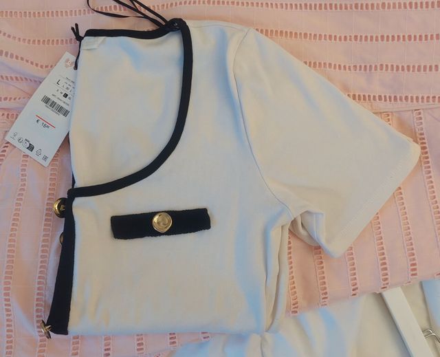 Camiseta Algodón Zara contraste Blanco y Negro