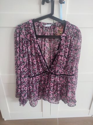 Blusa Zara Gasa Estampada Flores Rosa Talla XL 