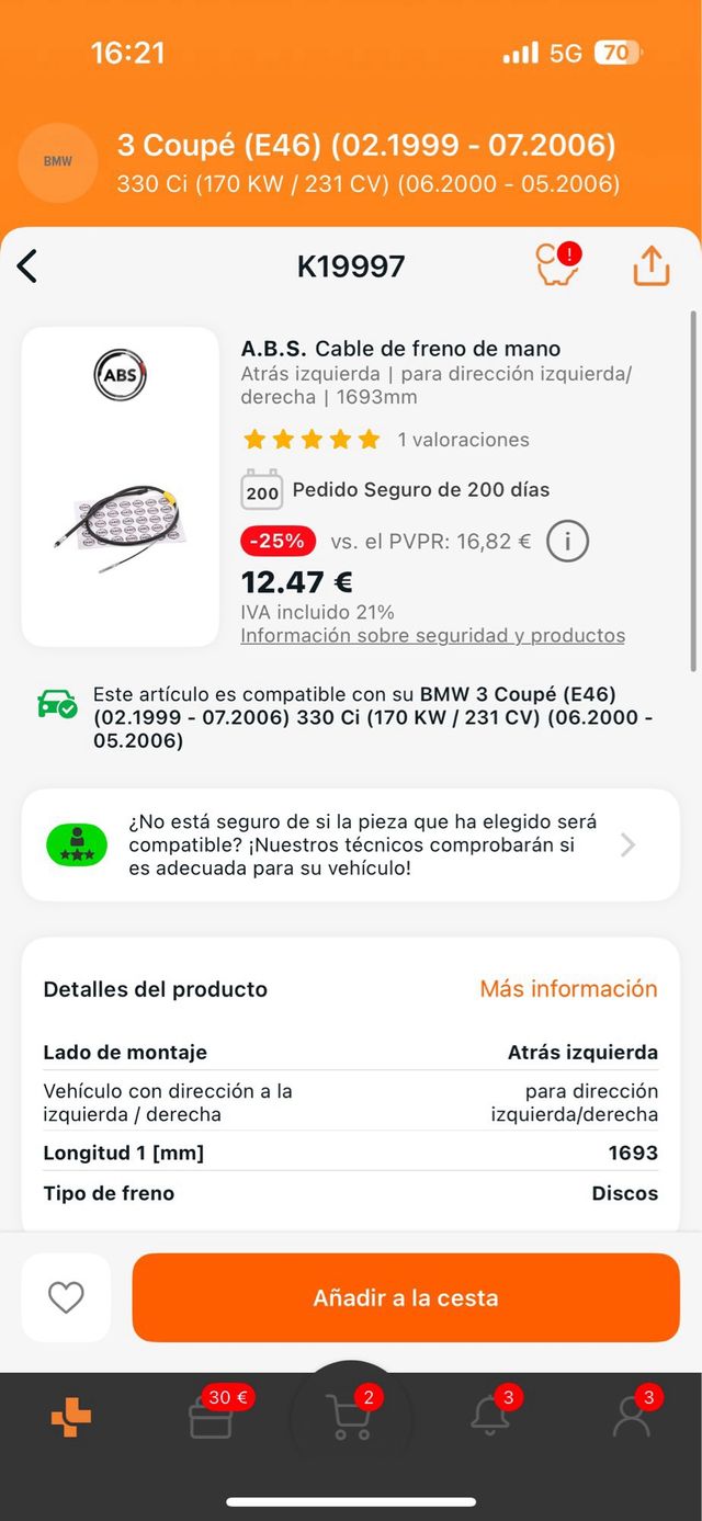 Cable Freno Mano BMW Serie 3 E46