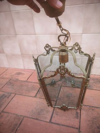 Antigua lámpara farol de bronce y cristal