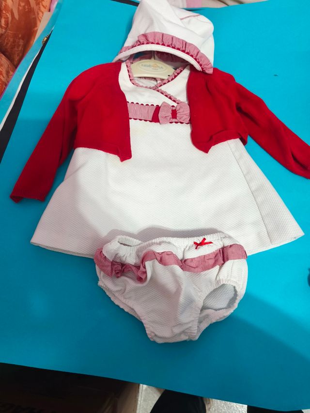 Conjunto Vestido Bebé Blanco y Rojo