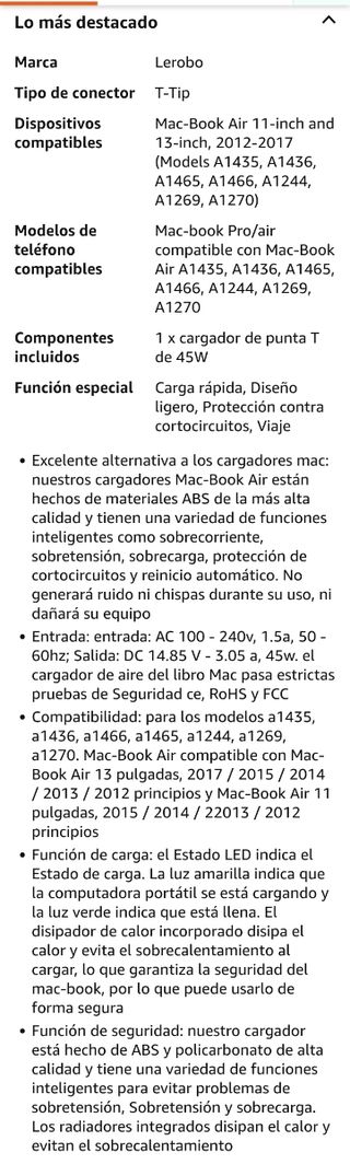 Cargador Lerobo 45W MacBook Air T-Tip