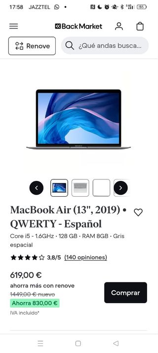 MACBOOK AIR 2019 i5/8GB RAM/128 SSD BATERÍA NUEVA 
