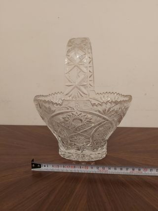 Cesta frutero de cristal vintage tallado con asa