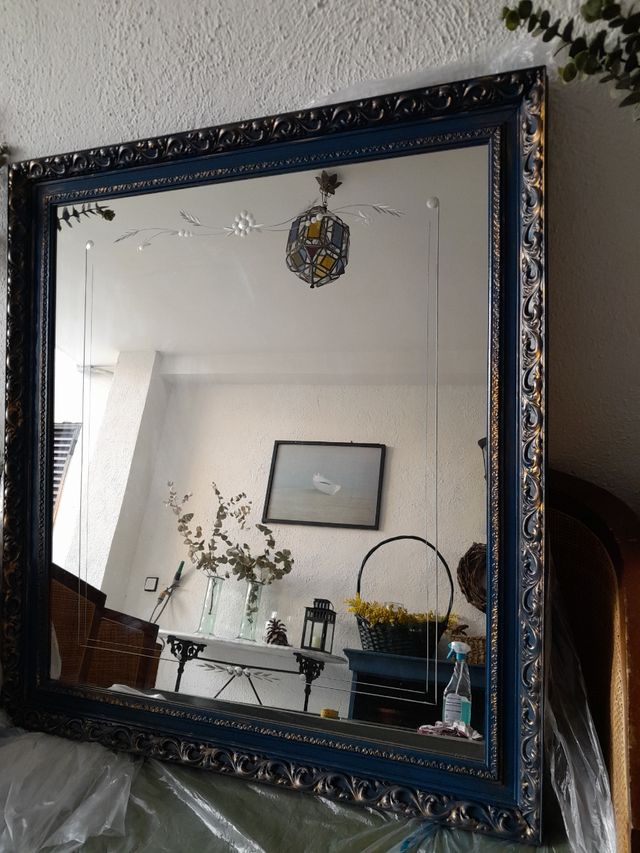 Espejo Antiguo Vintage Azul y Dorado