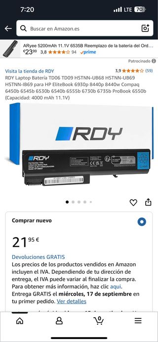 Batería RDY Laptop TD06 TD09 HSTNN-UB68 UB69