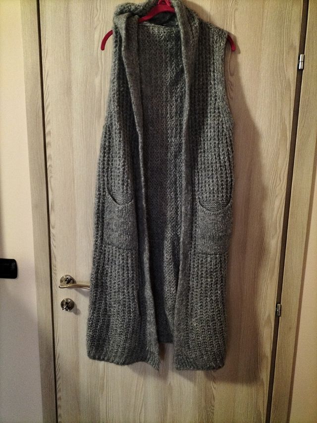 Cardigan smanicato lungo misto lana grigio