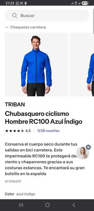 Chubasquero ciclismo Triban RC100 Talla XL. 