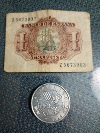 Billete 1 Peseta España 1953 y Moneda Franco 1966