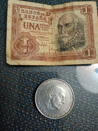 Billete 1 Peseta España 1953 y Moneda Franco 1966
