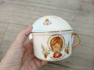 Taza y plato porcelana comunión dorado