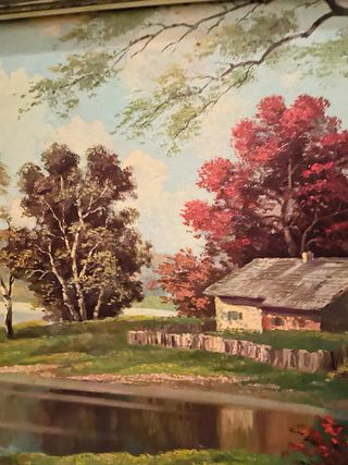 Cuadro antiguo paisaje lago cabaña