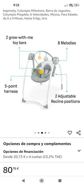 Nuevo nunca usado Columpio musical bebé Ingenuity 