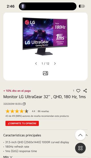 Monitor LG UltraGear 32 QHD 180Hz 1ms Negro