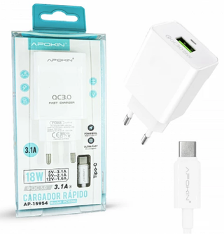 Cargador USB-A QC 3.0 18W 3.1A APOKIN con cable tipo c Blanco