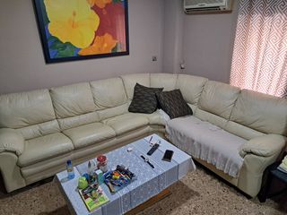 Sofá rinconera piel marfil 6 plazas