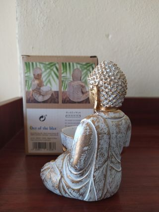 Portacandele Buddha in resina dorata e bianca