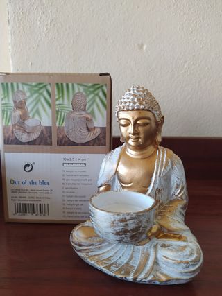Portacandele Buddha in resina dorata e bianca