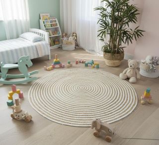 Alfombra redonda de yute beige y blanco