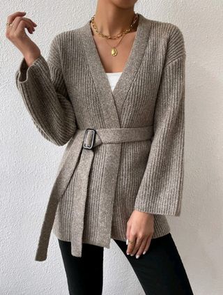 Cárdigan de punto Shein marrón con cinturón
