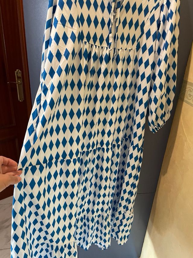 Vestido estampado rombos azul y blanco