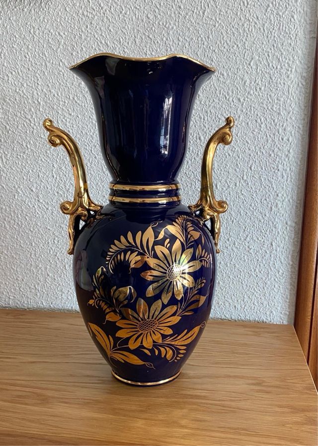 Florero Alfa Italiano Azul Dorado Porcelana