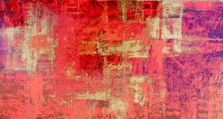 Cuadro al óleo abstracto dorado y rojo