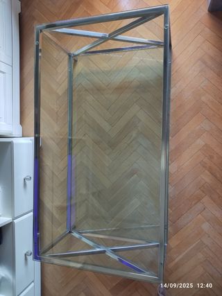 Mesa de centro cristal y metal plateado