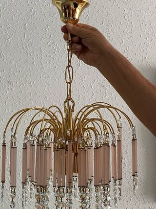 Lámpara Araña Cristal Rosa y Dorada