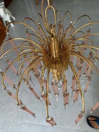 Lámpara Araña Cristal Rosa y Dorada