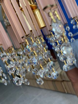 Lámpara Araña Cristal Rosa y Dorada