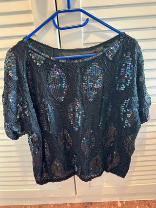 Camisa fiesta lentejuelas negra y multicolor