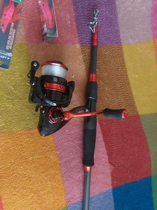 Caña de pescar y carrete pesca calamar.