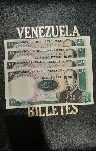 4 Billetes Venezuela 20 Bolívares 1987 Consecutivo