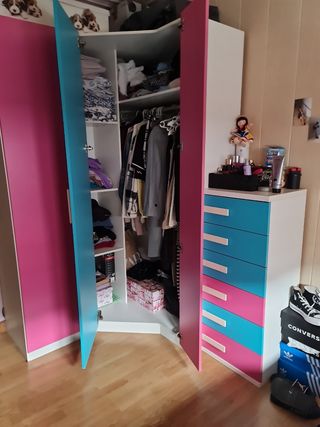 Armario infantil 3 puertas rosa, azul y blanco