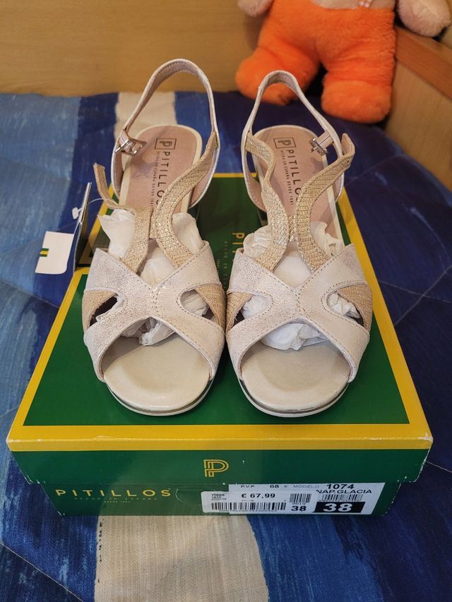 Zapatos Pitillos Mujer Talla 38 Beige/Dorado