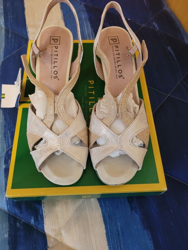 Zapatos Pitillos Mujer Talla 38 Beige/Dorado
